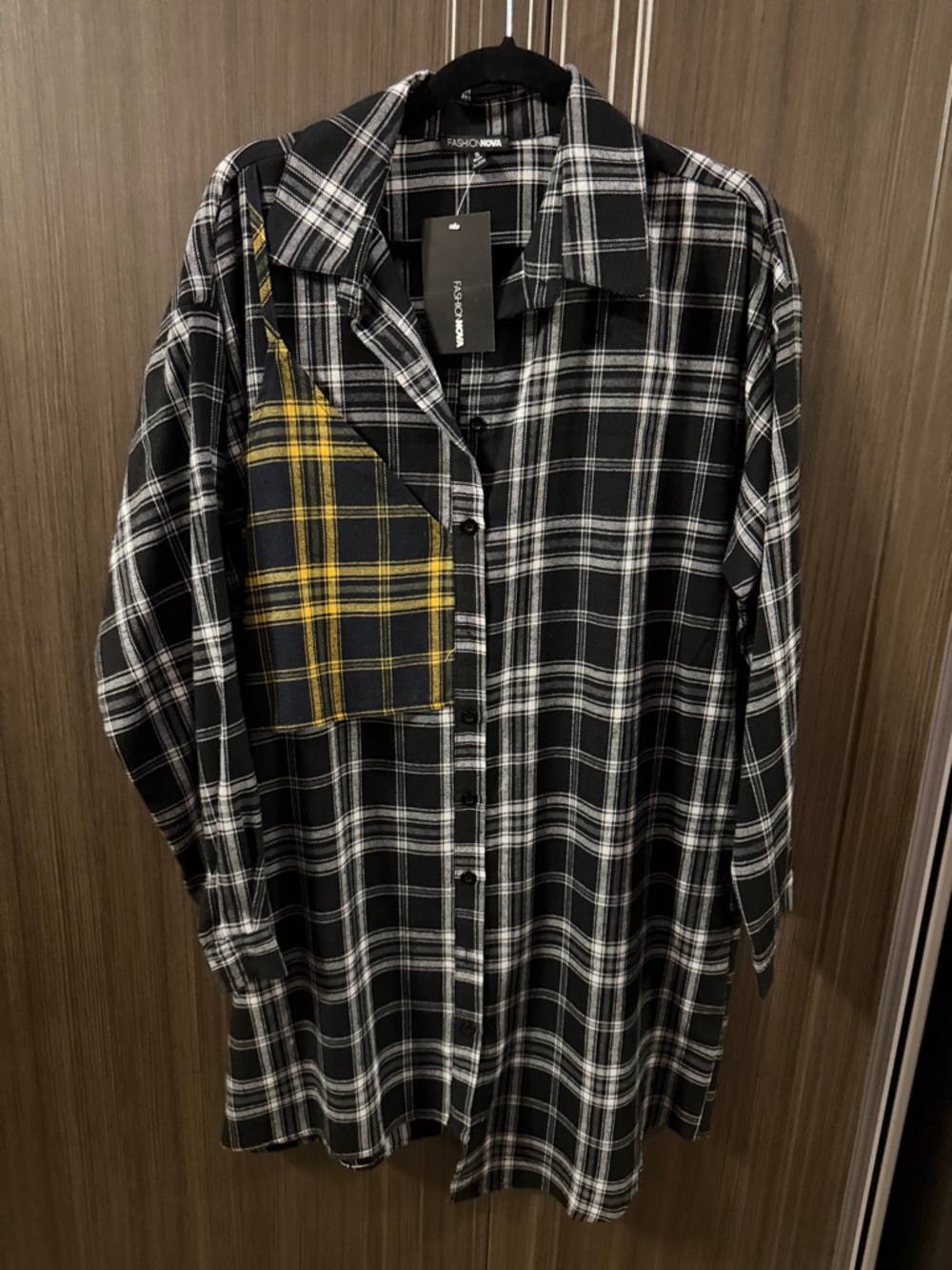 Fashion Nova Black & White Plaid Button-Down dress with‎ Yellow Patch Detail